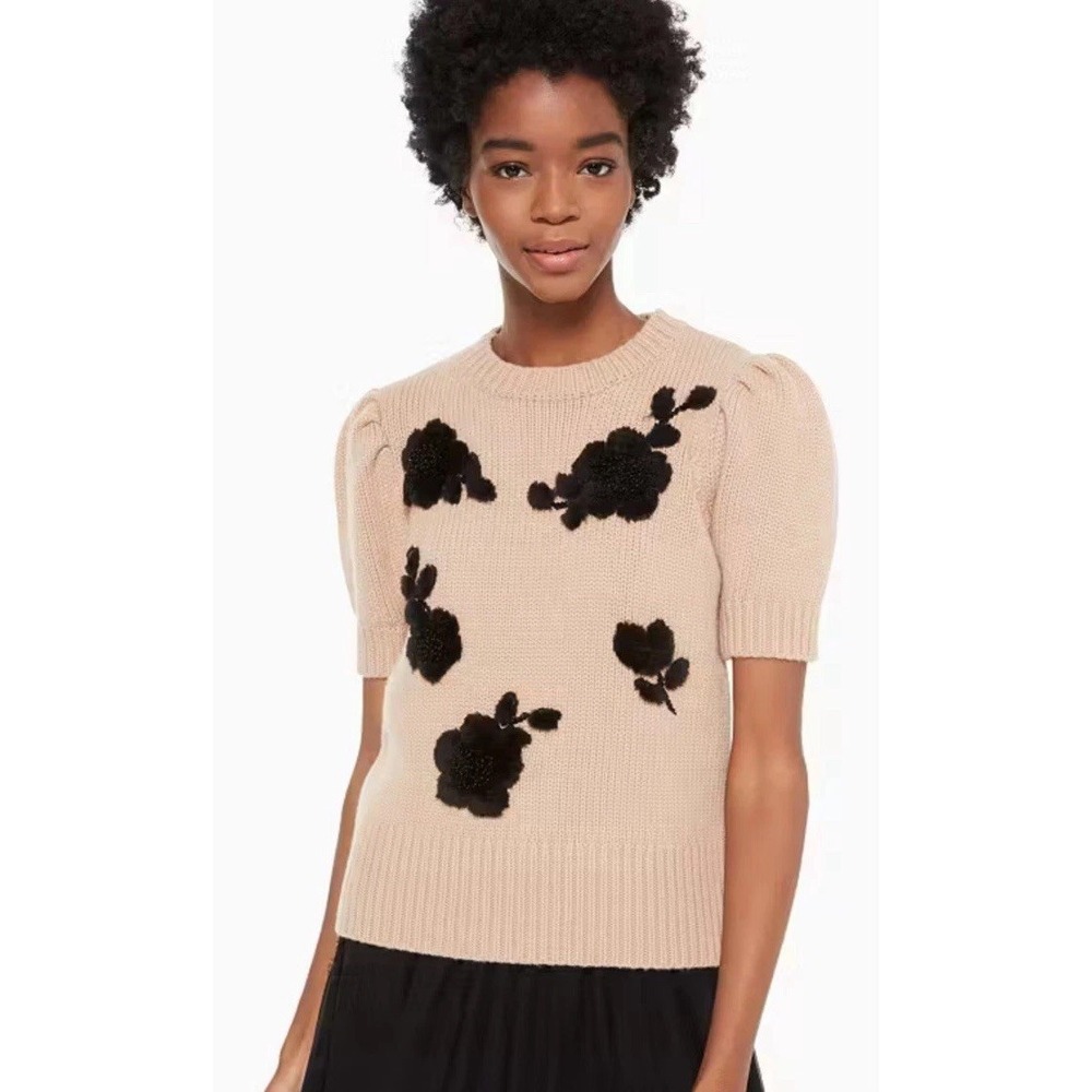 Kate Spade floral appliqué Beige short sleeve Cashmere Wool Blend Sweater M NEW